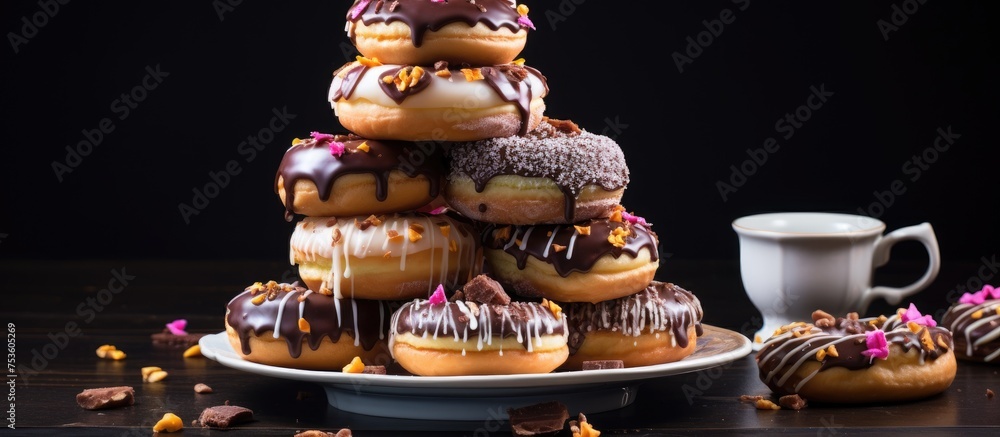 Poster Delicious Assortment of Colorful Glazed Donuts Stacked on a Plate Ready to Indulge