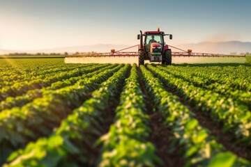 Obraz premium A farmer rides in a combine and waters his fields, agricultural business concept 