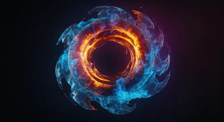 Blue Fire Flames in Circular Neon Light Wave, Isolated on Black Background Ai Generative 