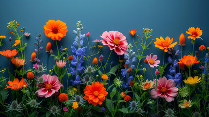 Colorful summer flowers on blue background with copy space for text.