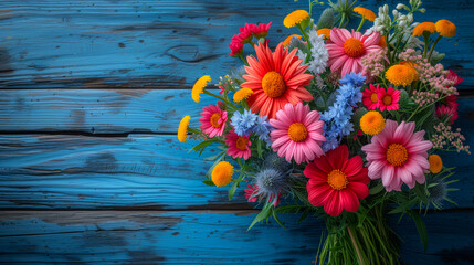 Colorful bouquet of wildflowers on a blue wooden background