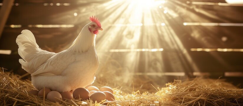 Healthy hen chicken near freshly laid eggs in hay in a rustic barn under warm sunlight with copy space
