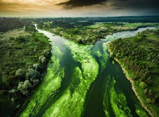 Contaminated green toxic water river