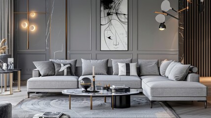 The Stylish Spacious Luxury Interior Design of Living Room with Design Gray Sofa, Coffee Table, Decoration, Pillows in Modern Home Decor. Modern Living Room