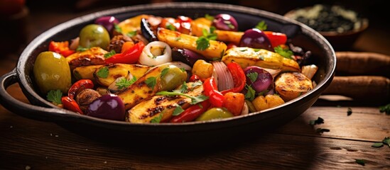 Sizzling Pan of Flavorful Food Bursting with Fresh Vegetables and Succulent Meat