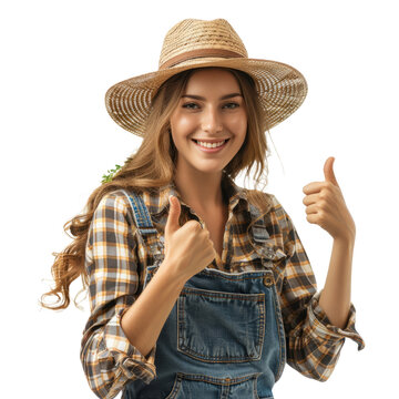 Smiling farmer woman with thumb up isolated on transparent background