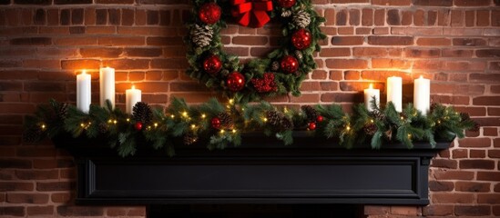 Decorative holiday wreath and XMAS sign displayed on fireplace mantle next to brick wall