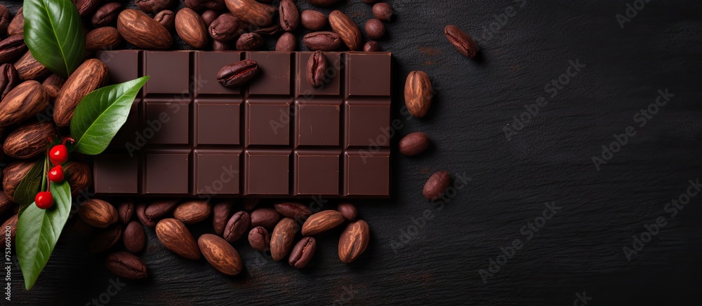 Sticker Richness of Chocolate: Pure Cocoa Beans and Green Leaf Enhance a Tempting Chocolate Bar