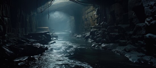 Mysterious Underground River Illuminated by a Beam of Light in Enigmatic Cave Exploration - obrazy, fototapety, plakaty