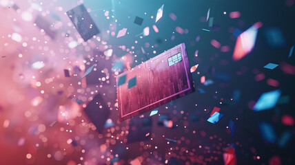 A dynamic image capturing a credit card in mid-explosion, symbolizing the impact and energy of digital transactions and modern finance