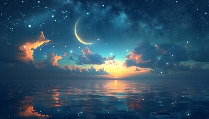 Obraz na płótnie Canvas the beautiful view of the moon and stars in the sky reflected in the beautiful sea, the beauty of Ramadan shines through.