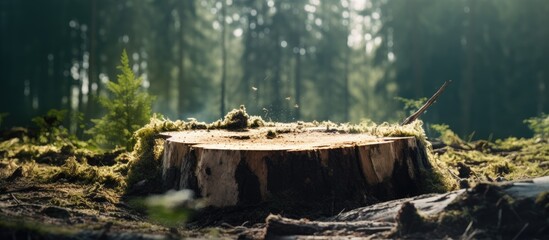 Fototapeta premium Serene Moment: Bird Rests on Weather-Worn Tree Stump in the Forest Clearing