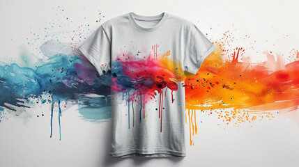 Transform a plain gray shirt into a canvas for vibrant, abstract watercolor splashes, each hue bleeding seamlessly into the next. - obrazy, fototapety, plakaty