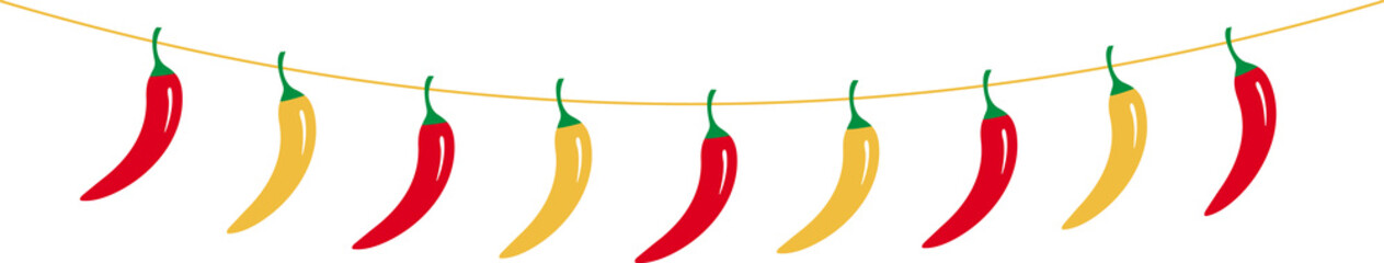 strings of peppers, jalapeno garland, Feliz Cinco de Mayo, Happy 5th of May - obrazy, fototapety, plakaty
