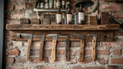 Fototapeta na wymiar Vintage straight razors displayed on a reclaimed wood shelf against exposed brick walls.