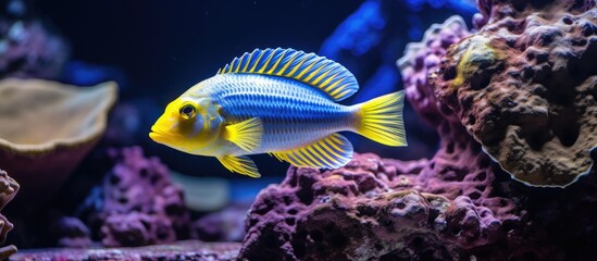 Fototapeta na wymiar Colorful Tropical Fish Swimming Among Vibrant Rocks in an Aquatic Tank