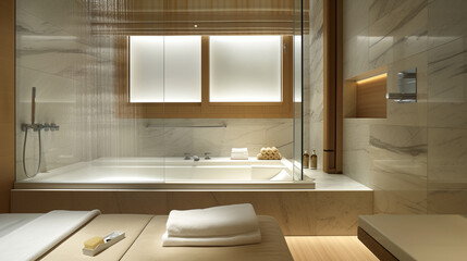 Fototapeta na wymiar a minimalist luxury hotel bathroom with marble walls, a rain shower, and a built-in bathtub.
