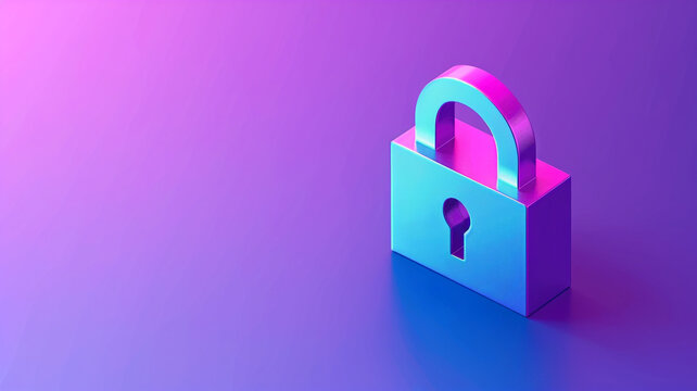 A vivid, digitally-rendered padlock symbolizing cybersecurity and data protection on a purple gradient background