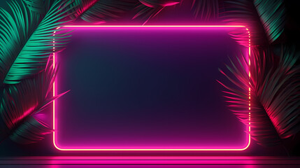 Glowing neon border embracing abstract palm leaves - obrazy, fototapety, plakaty