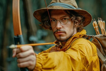 Focused archer in the forest aiming with a bow and arrow