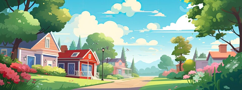 landscape of charming little town. cartoon illustration