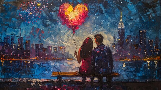 A romantic couple with red glowing heart. New York night cityscape oil painting. Love and travel concept. For Valentine's day celebration. Romantic illustration for wallpaper, banner