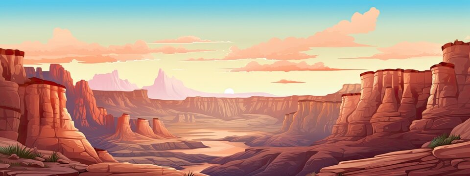 sunset on canyon landscape. cartoon illustration