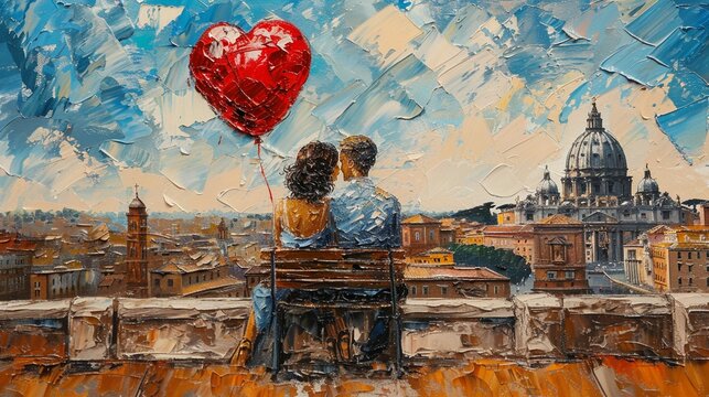 A couple in love with red heart balloon. Rome cityscape oil painting. Love and travel concept. For Valentine's day celebration. Romantic illustration for wallpaper, banner