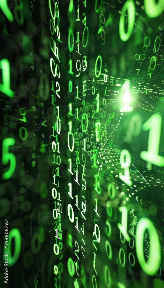 Poster abstract digital background with pixelated data stream, binary code, and glowing encryption concept.