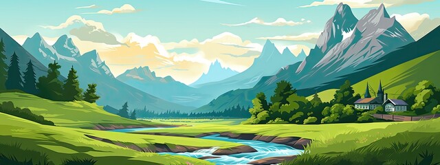 landscape showcasing verdant meadows with a winding river - obrazy, fototapety, plakaty