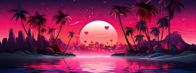 love island cartoon illustration with neon light - obrazy, fototapety, plakaty