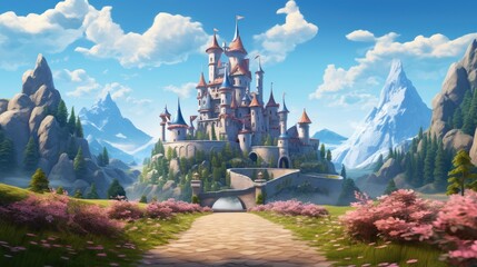 princess castle in fairytale landscape.