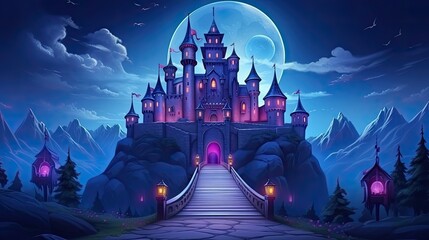 princess castle in fairytale landscape at night. - obrazy, fototapety, plakaty