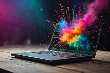 Bright rainbow image for advertising equipment repair, banner. A laptop with an exploding screen on a dark background stands on a table, flying glass shards and neon dust.