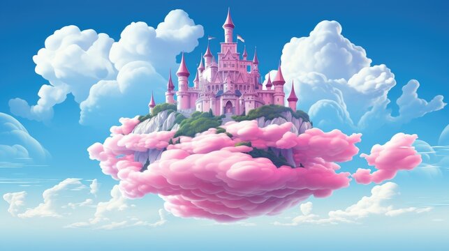 pink royal castle floats in the clouds
