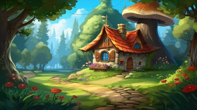 The dwarf's house in the forest cartoon illustration