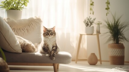 Cute kitten sitting on the sofa at home, sunny cozy room, photo