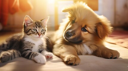 Cute kitten and puppy sitting next to each other in the sunlight. Photo - obrazy, fototapety, plakaty