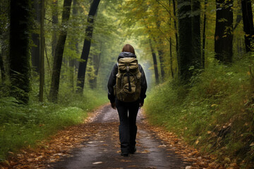  Solo Traveler Walking on Autumn Forest Path