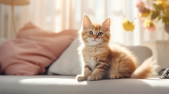 Cute kitten sitting on the sofa at home, sunny cozy room, photo