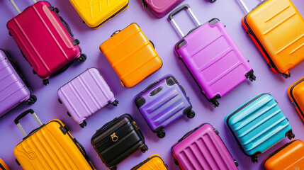 Flat lay of trendy suitcases pattern on purple background. Travel concept. Adventure Ad. Generative AI - obrazy, fototapety, plakaty
