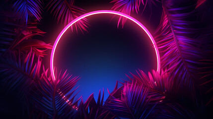 Fototapeta na wymiar Glowing neon border embracing abstract palm leaves
