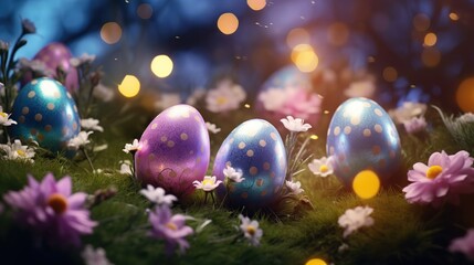 Beautiful Easter eggs lie in flowers, banner, in sunlight