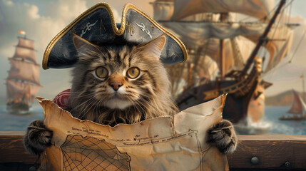 a maine coon cat wearing a pirate hat and a hook paw holding a treasure map. background with a ship...