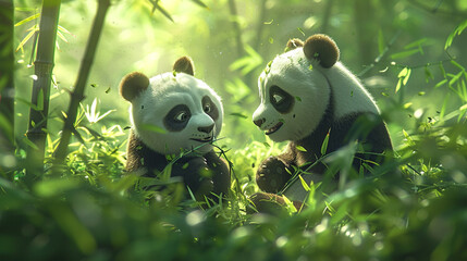A pair of pandas share a tender moment as they engage in a playful game of tag, their joyful antics echoing through the bamboo grove as they revel in the simple pleasures of companionship.
