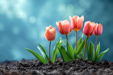 Spring card for the holiday of the vernal equinox with blooming tulips, showing awakened nature. Banner suitable for design. - obrazy, fototapety, plakaty