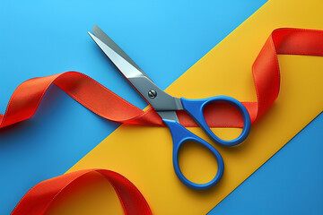 a pair of scissors cutting a red ribbon, in the style of pop art, collage, yellow and blue,...