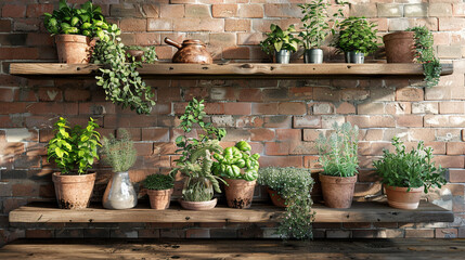 A rustic kitchen with a brick wall, a wooden shelf, a clay pot, and a bunch of herbs. - Powered by Adobe