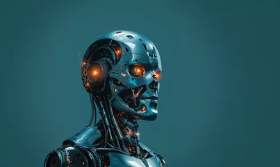 Fotobehang L'essence de l'intelligence artificielle : Un robot photoréaliste se détache sur un fond uni gris-vert © Etherbrush
