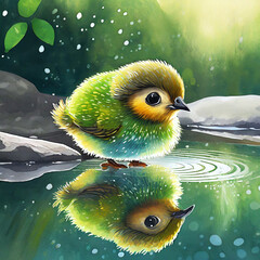 물에 미친 자신의 모습을 보는 키위새